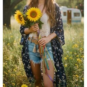 Navy Blue Floral Womens Kimono Wide Ruffle Sleeve Size XXL-XXXL